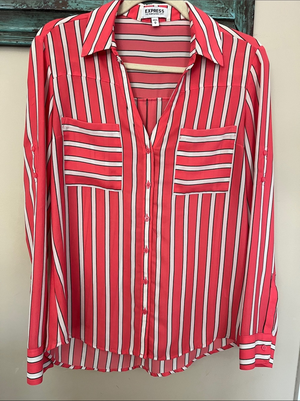 Express Coral Pink and White Striped Button-Down Shirt